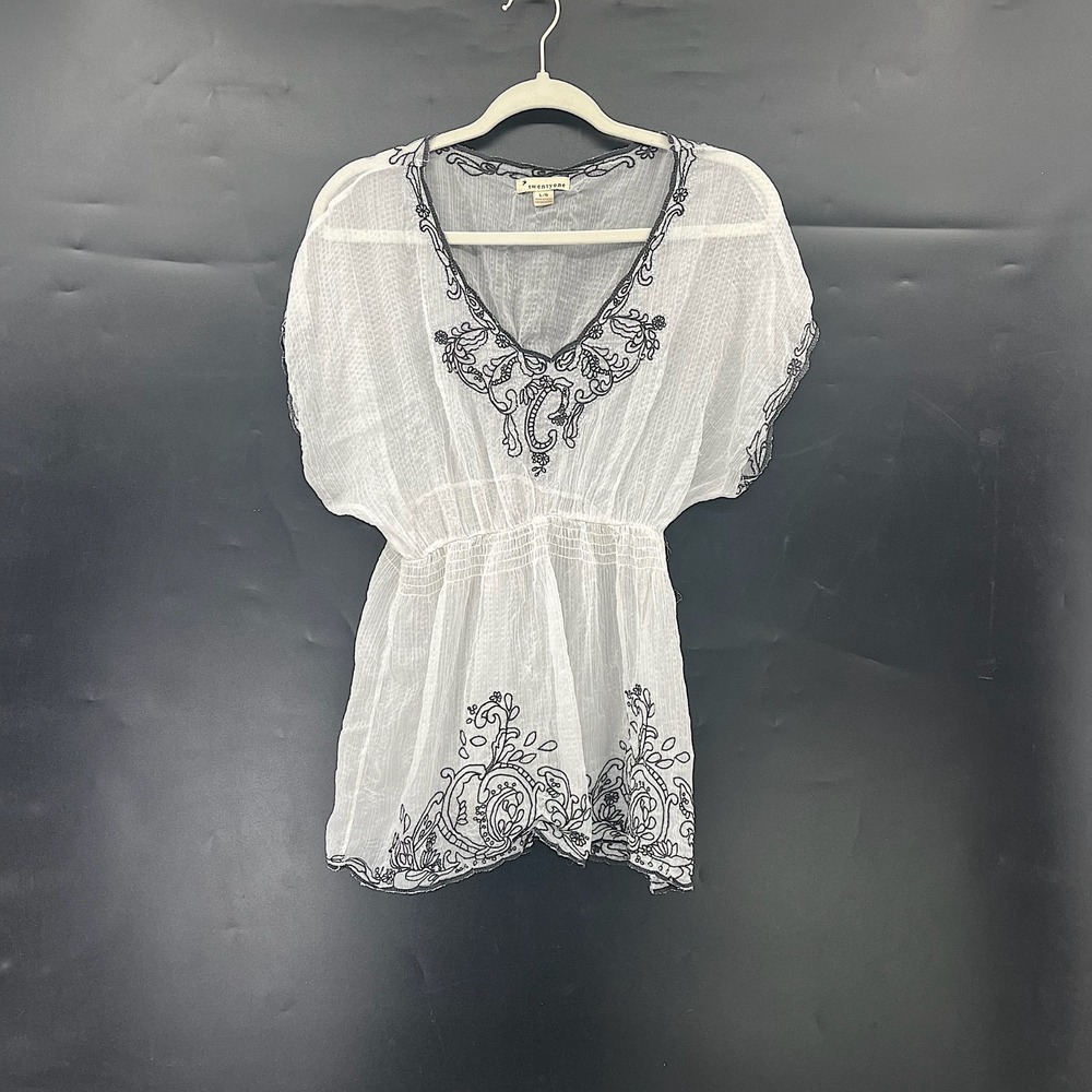 y2k Twentyone White Sheer embroidered puff sleeve flowy boho fairycore top L